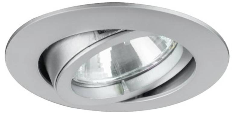 Faretto da incasso per soffitto in argento con anello interno della lampada regolabile su sfondo bianco