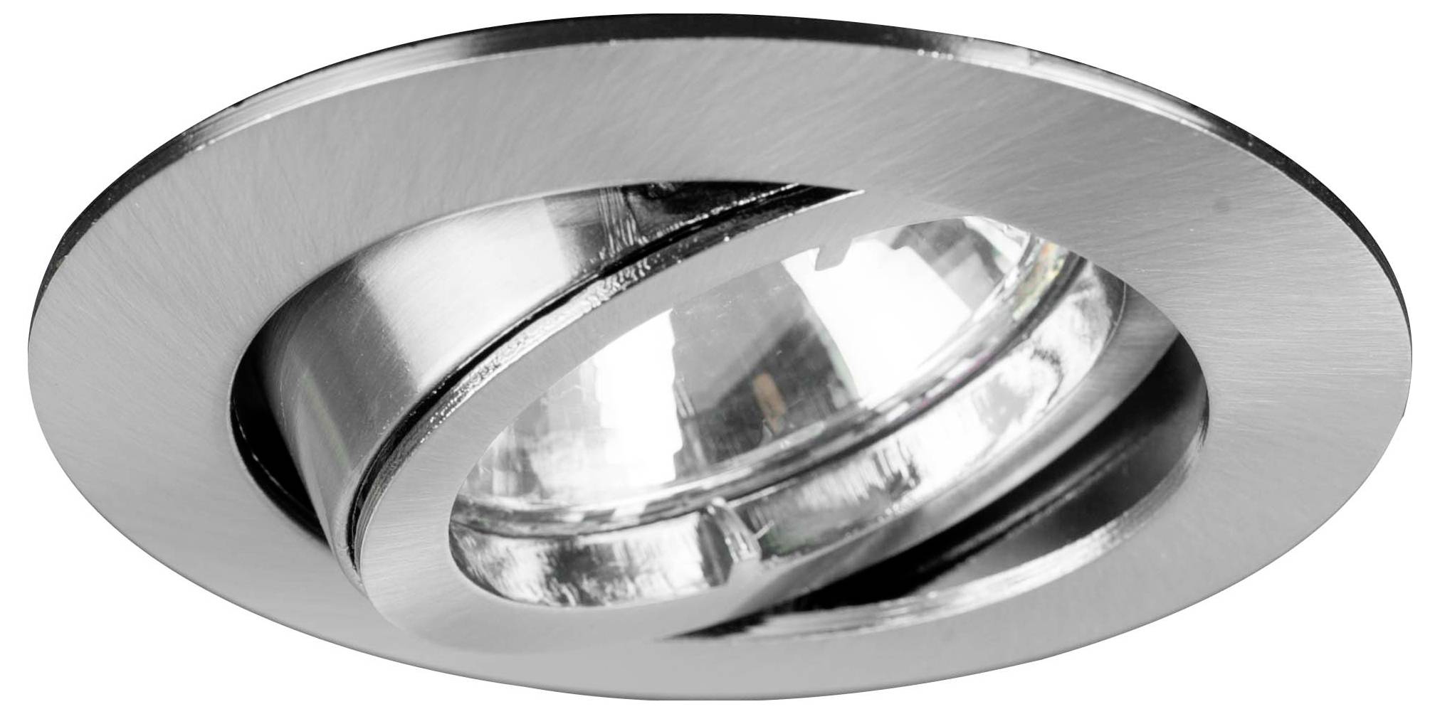 Una luce da incasso a soffitto argento, regolabile, con un design moderno e circolare.