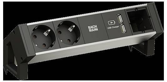 Una ciabatta nera e argento con due prese europee, due porte USB etichettate "USB Charger" e una porta di rete sul lato destro.