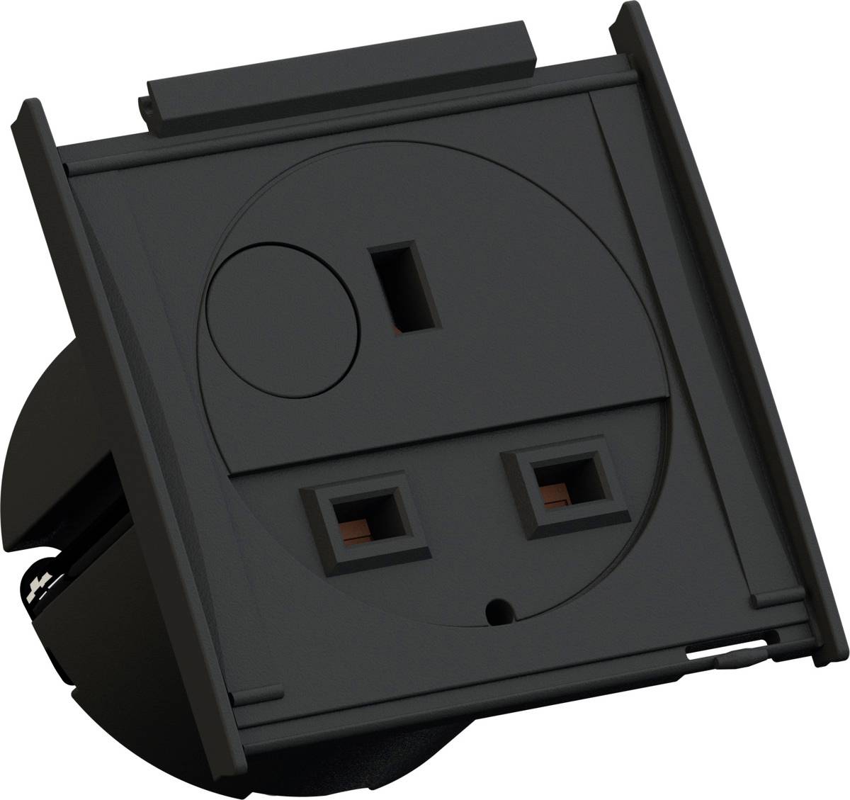 Presa elettrica nera mostrata ad angolo, con più prese e un design circolare su sfondo bianco.