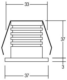 Disegno tecnico di una parte cilindrica a gradini con lati svasati, che mostra le dimensioni di 33 di larghezza in alto, 37 di altezza, 37 di larghezza della base e 3 di spessore della base.