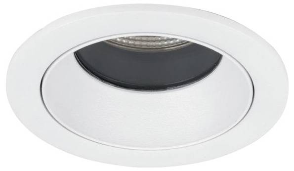 Una plafoniera da incasso rotonda bianca con anello interno nero visibile e portalampada.