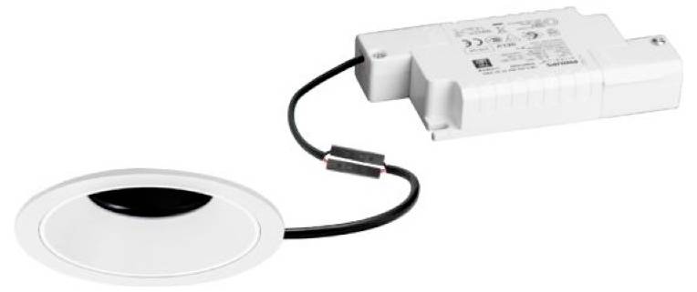 Apparecchio di illuminazione LED incassato bianco con driver integrato e cavo di alimentazione, mostrato su sfondo bianco