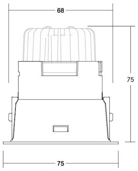 Disegno tecnico di un dispositivo cilindrico con etichette di dimensione: 68 di larghezza in alto, 75 di larghezza alla base, e 75 di altezza.