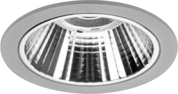 Apparecchio di illuminazione da incasso a soffitto di forma rotonda con interno riflettente argentato e apertura centrale scura.