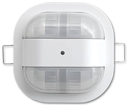 Un dispositivo bianco e rettangolare con due cupole trasparenti e un sensore centrale, probabilmente un rilevatore di movimento montato a soffitto o un sensore di luce.