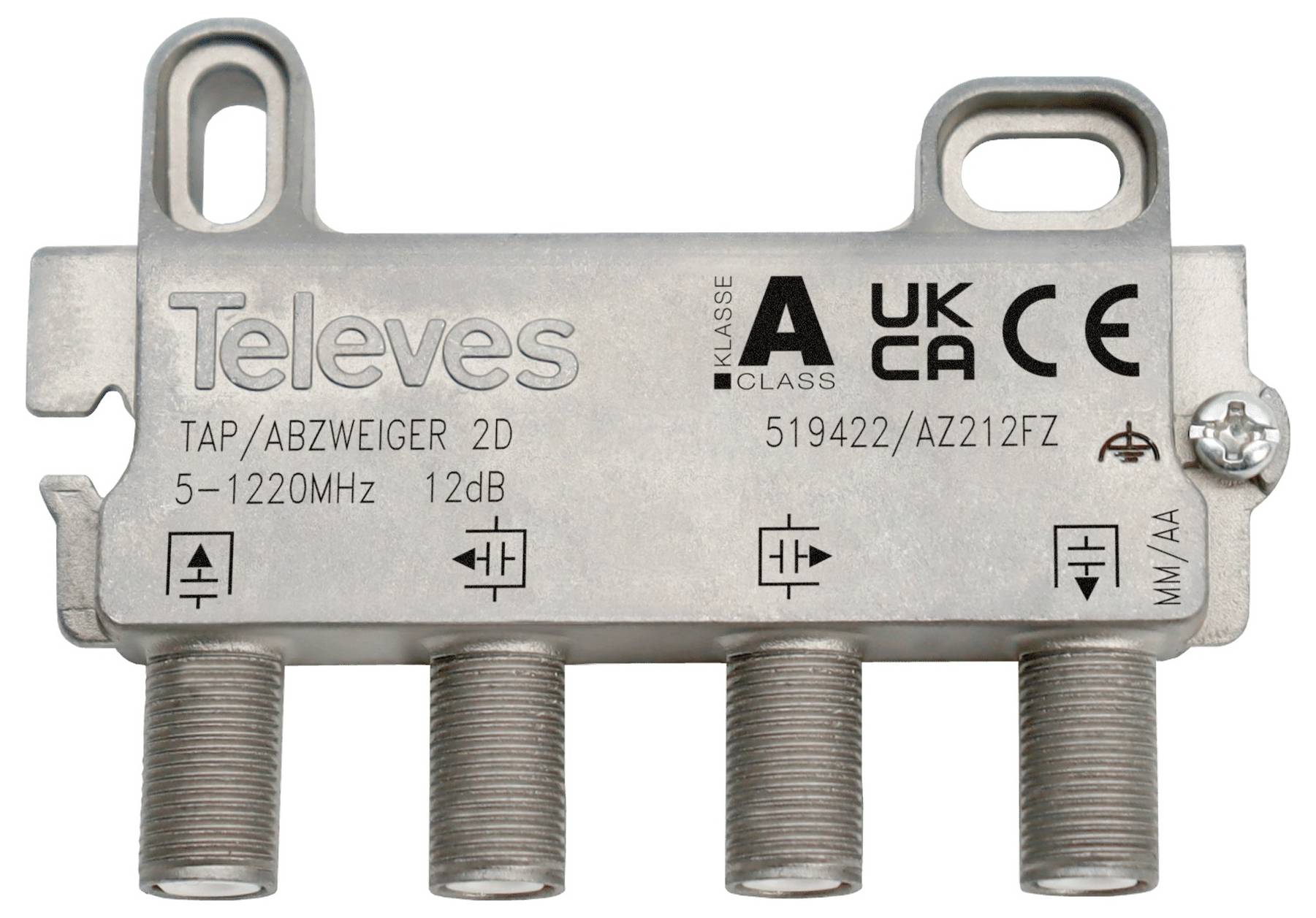 Splitter coassiale metallico con quattro uscite, etichettato 'Televes', per 5-1220 MHz, 12 dB, con loghi di conformità inclusi CE e UKCA.