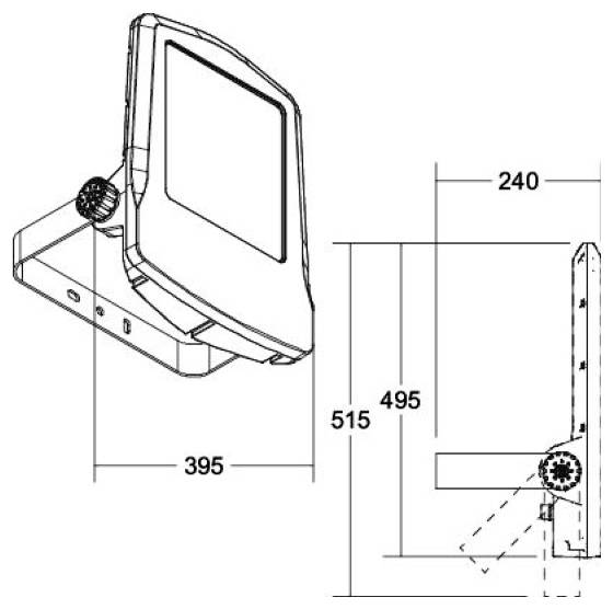 Disegno tecnico quotato di una staffa di montaggio per monitor a parete, che mostra le viste laterale e frontale con misure di 395, 495, 515 e 240 mm.