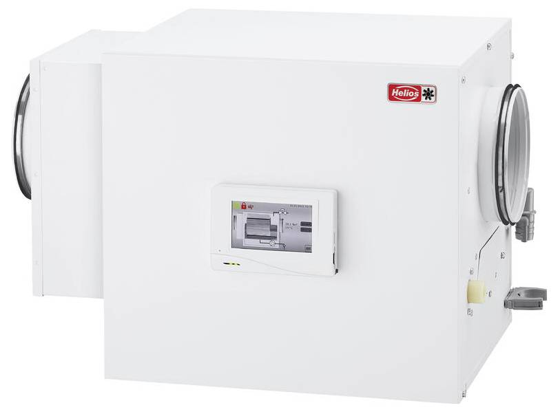 Un'unità di ventilazione HVAC bianca con un pannello di controllo digitale e condotti cilindrici su entrambi i lati.