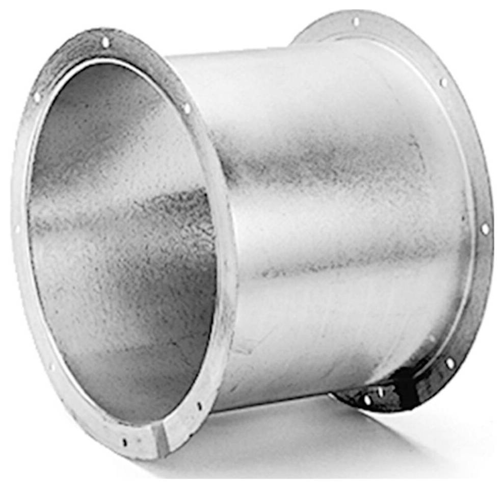 Connettore per condotti rotondi in acciaio zincato con estremità flangiare, progettato per sistemi HVAC, utilizzato per collegare sezioni di condotti rotondi.