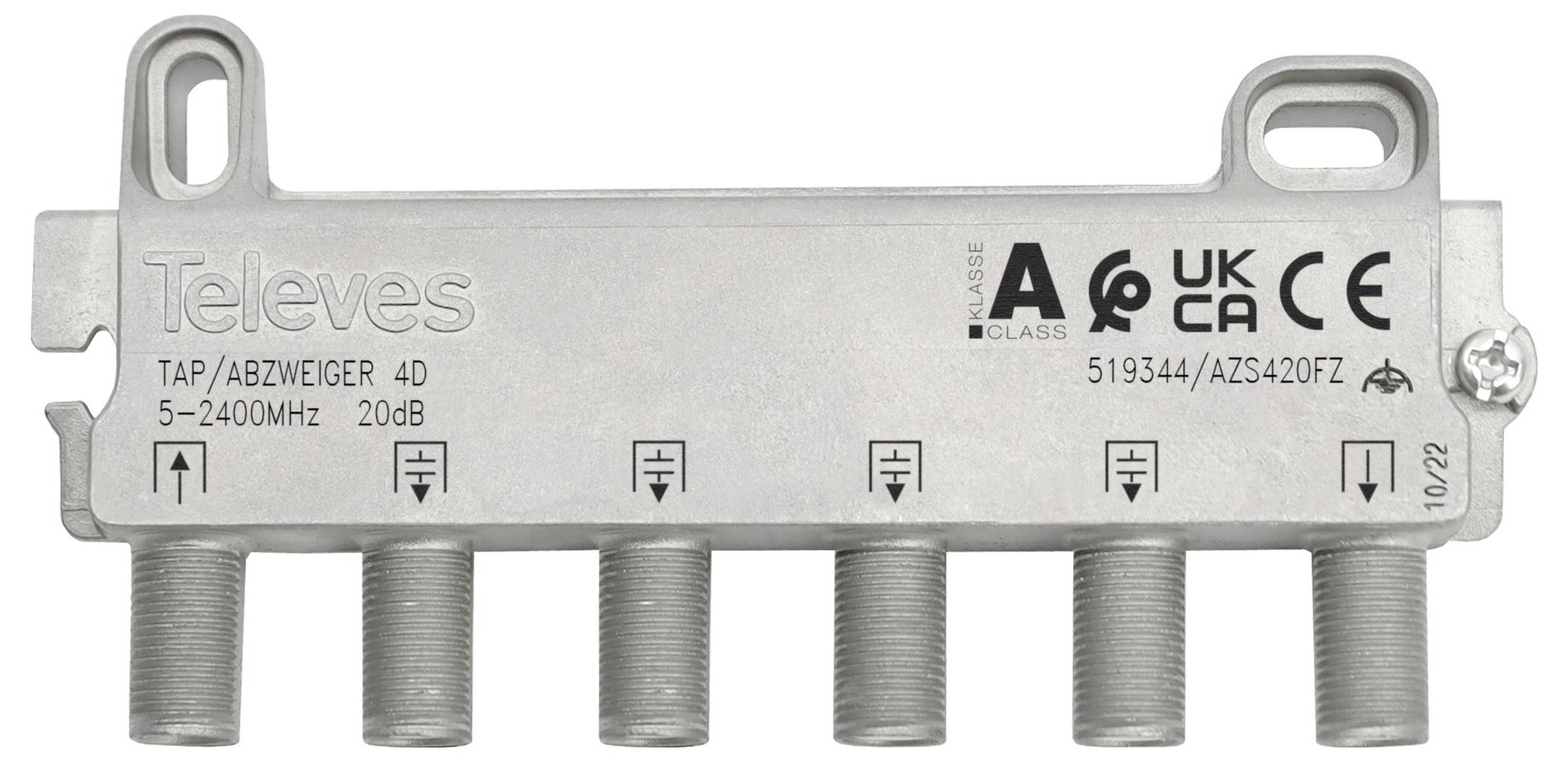Un divisore di segnale TV a 5 vie di Televes, contrassegnato TAP/ABZWEIGER 4D, 5-2400MHz 20dB. Include loghi di conformità e numero di modello 519344/AS240FZ.
