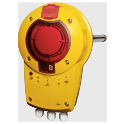 Rilevatore di gas industriale giallo con lente di allarme rossa, pulsante 'TEST', spie di stato e condotto laterale.