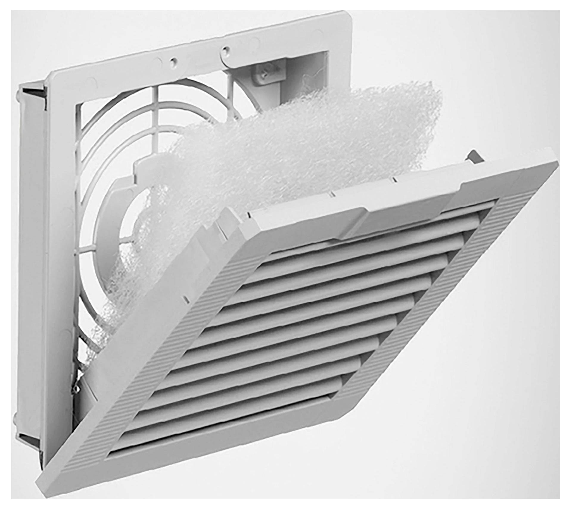 Un filtro di ventilazione rettangolare con coperchio incernierato è aperto, mostrando un filtro a rete all'interno. Il coperchio a lamelle è inclinato verso il basso.