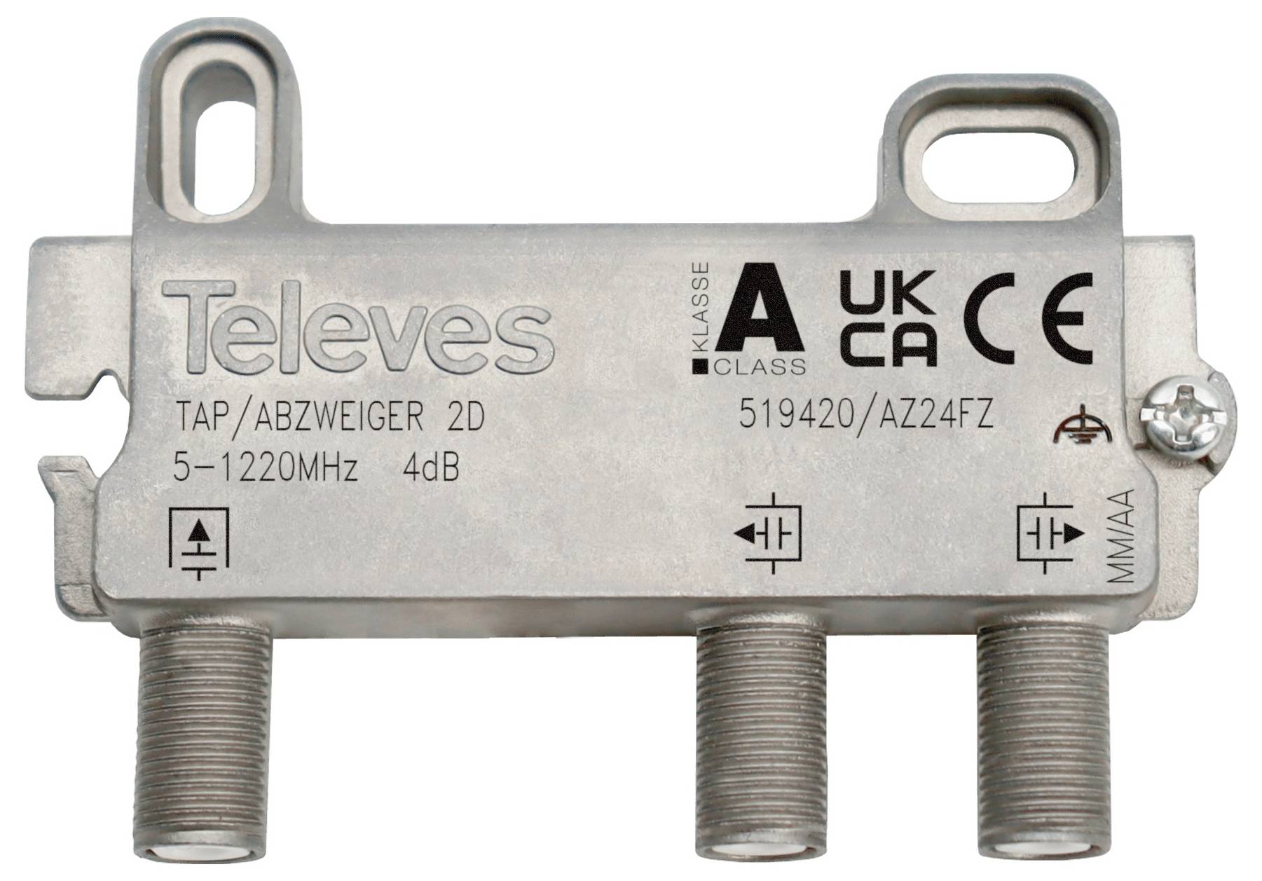 Un divisore per televisione in metallo con due porte di ingresso, etichettato per 5-1220MHz, 4dB, classe A, conforme ai standard UKCA e CE.