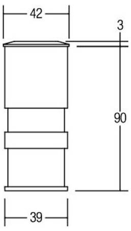 Disegno tecnico di una parte cilindrica con etichette di dimensione: 42 di larghezza in alto, 39 di larghezza in basso, 90 di altezza e 3 di spessore superiore.