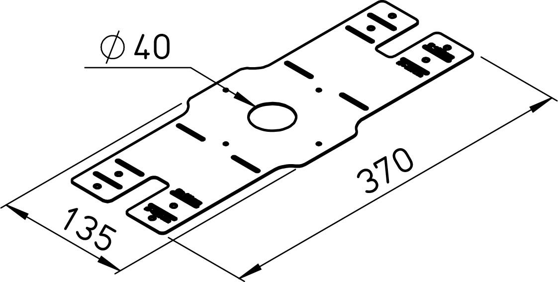 Disegno tecnico isometrico di una piastra di montaggio, 370 per 135 mm, con un foro centrale di 40 mm e diversi fori alle estremità scanalati.