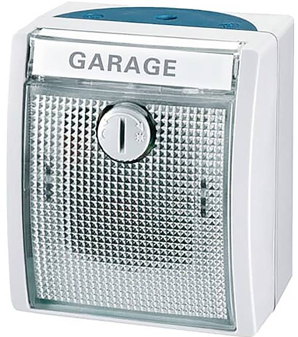 Una cassetta di sicurezza bianca montata a parete con frontale in vetro texture, etichettata 'GARAGE'.