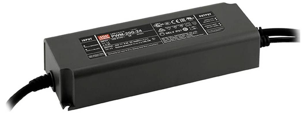 Un alimentatore Mean Well di colore nero con specifiche di ingresso e uscita stampate sull'etichetta, progettato per la connettività delle apparecchiature elettriche.