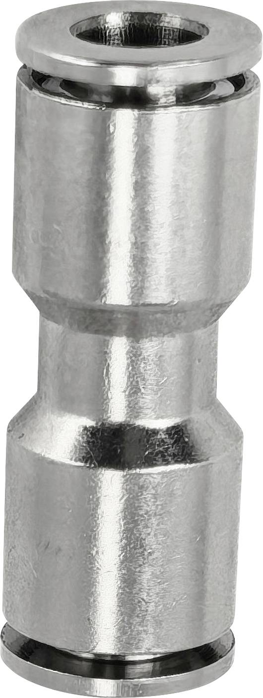 Primo piano di un connettore metallico cilindrico lucido o distanziatore con estremità allargate, mostrato su uno sfondo bianco neutro.