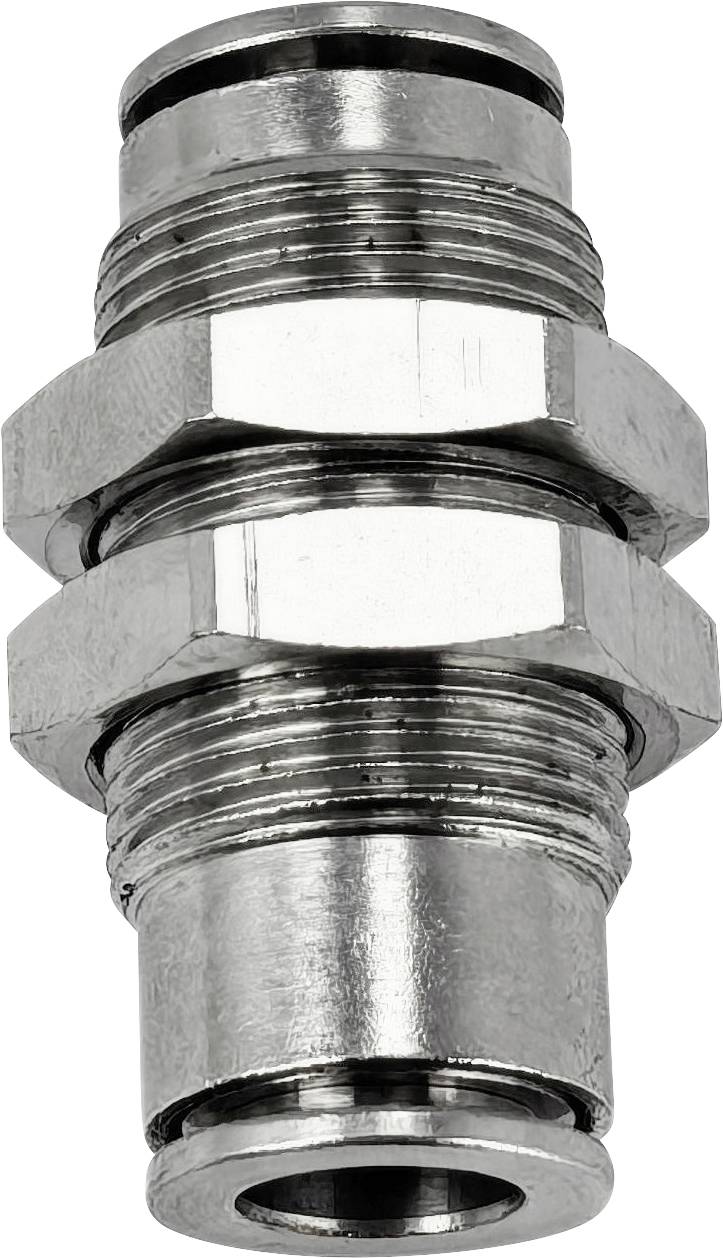 Raccordo per tubo metallico filettato con dado esagonale, mostrato isolato su sfondo bianco.