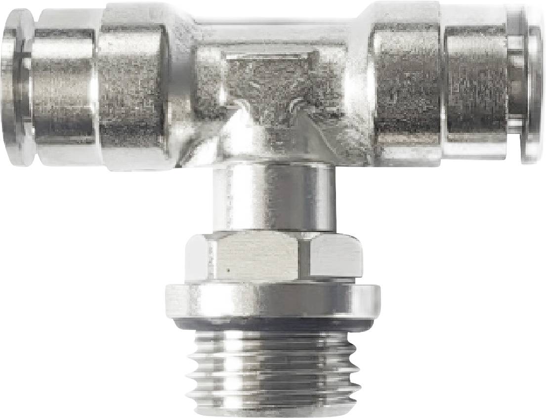 Raccordo a T in metallo con connettore per tubo, filettatura inferiore e due estremità di tubo con inserimento laterale su sfondo bianco.