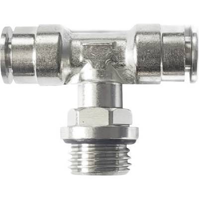 Raccordo a T in metallo con connettore per tubo, filettatura inferiore e due estremità di tubo con inserimento laterale su sfondo bianco.