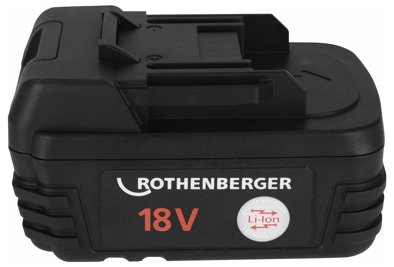 Un pacco batteria agli ioni di litio Rothenberger nero da 18V, con un'etichetta recante testo rosso e un emblema circolare bianco che indica 'Li-Ion'.