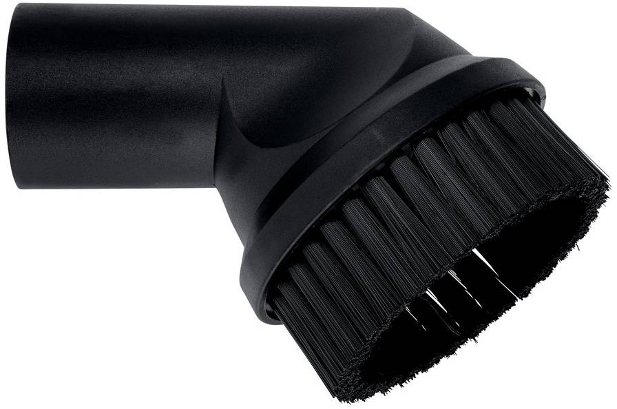 Accessorio per aspirapolvere nero con setole a spazzola angolate su uno sfondo bianco.