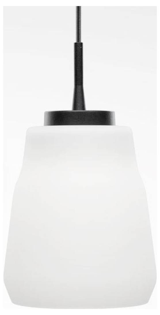 Lampada a sospensione con paralume in vetro bianco satinato e cavo nero, sospesa verticalmente su uno sfondo neutro.
