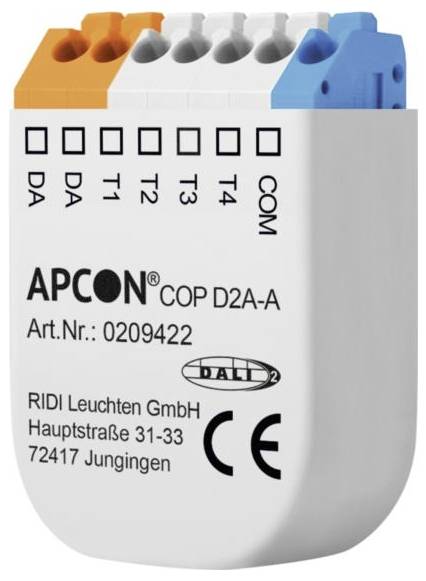 Un dispositivo APCON COP D2A-A bianco con terminali di cablaggio sulla parte superiore e varie etichette, incluse 'DA', 'T1', 'T2', 'T3', 'T4' e 'COM'.