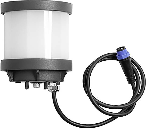 Una luce industriale a LED cilindrica con un involucro nero e grigio, dotata di un cavo di alimentazione collegato che termina con una spina connettore blu.