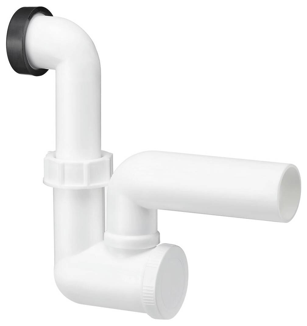 Un sifone di plastica bianca per impianti idraulici con un design curvo e segmentato per collegare i tubi, comunemente utilizzato negli impianti dei lavandini per prevenire intasamenti e odori.
