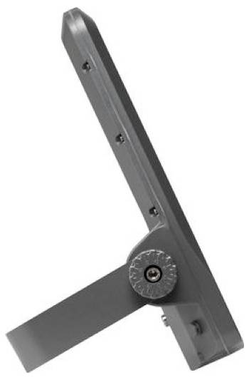 Staffa in metallo grigio regolabile con braccio incernierato e manopola di bloccaggio, mostrata su sfondo bianco.
