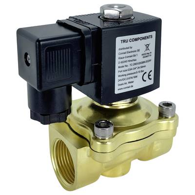 Valvola solenoide con corpo in ottone e attuatore nero, con etichetta che mostra le specifiche e i dettagli del marchio sulla superficie superiore.