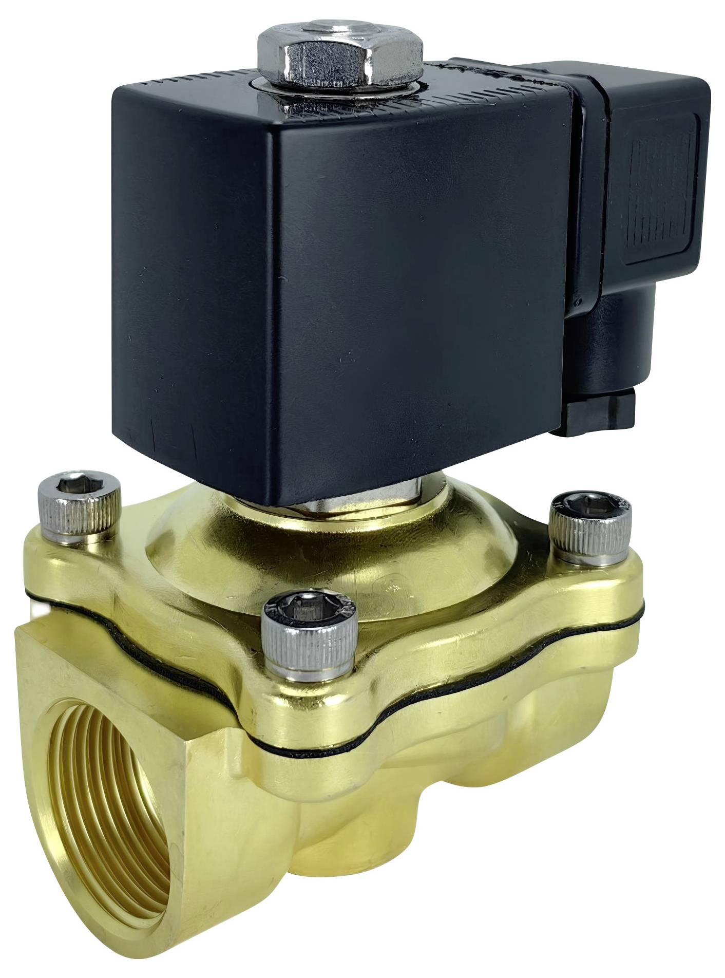 Una valvola solenoide in ottone con un attuatore nero sulla parte superiore, progettata per controllare il flusso di fluidi nei sistemi di tubazioni.