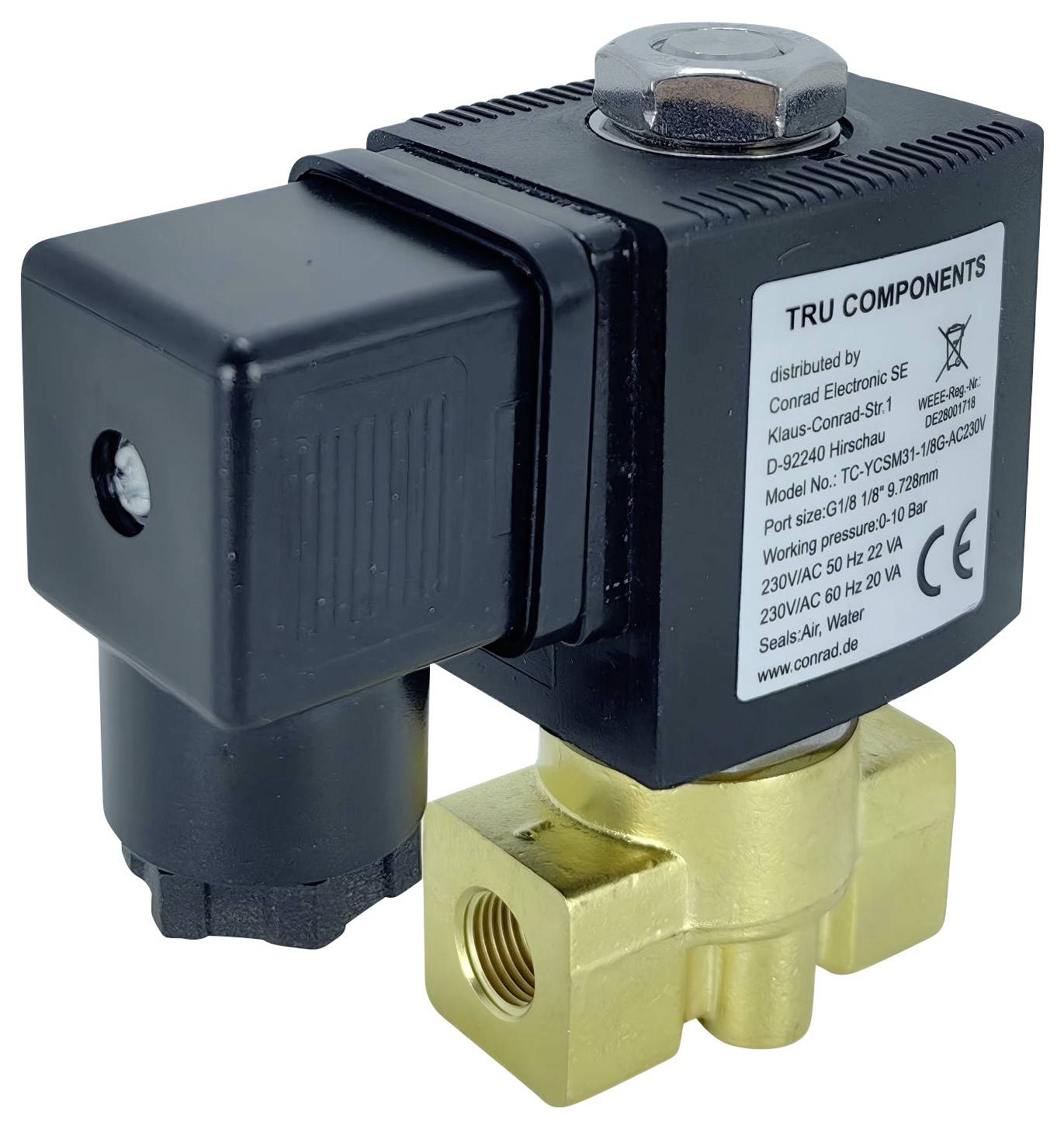 Una valvola solenoide in nero e ottone con componenti elettrici. L'etichetta sul dispositivo include specifiche tecniche e dettagli del modello.