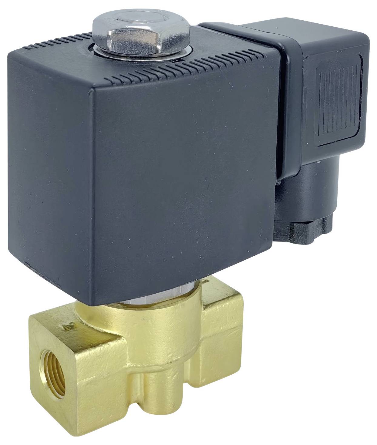 Una valvola solenoide nera e di ottone con connettore elettrico, utilizzata per controllare il flusso di liquidi o gas in una conduttura.