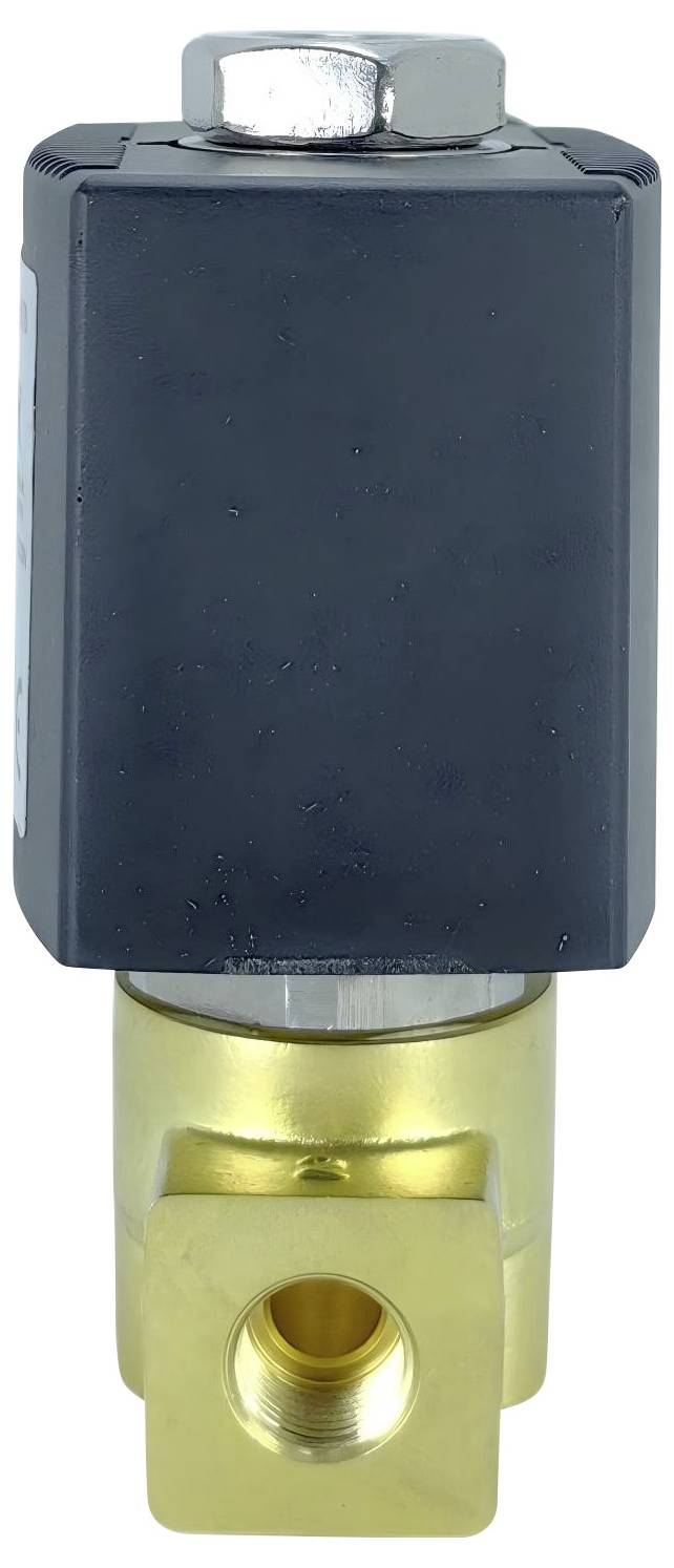 Una valvola solenoide con coperchio rettangolare nero e corpo in ottone, utilizzata per controllare il flusso di fluidi in diverse applicazioni.