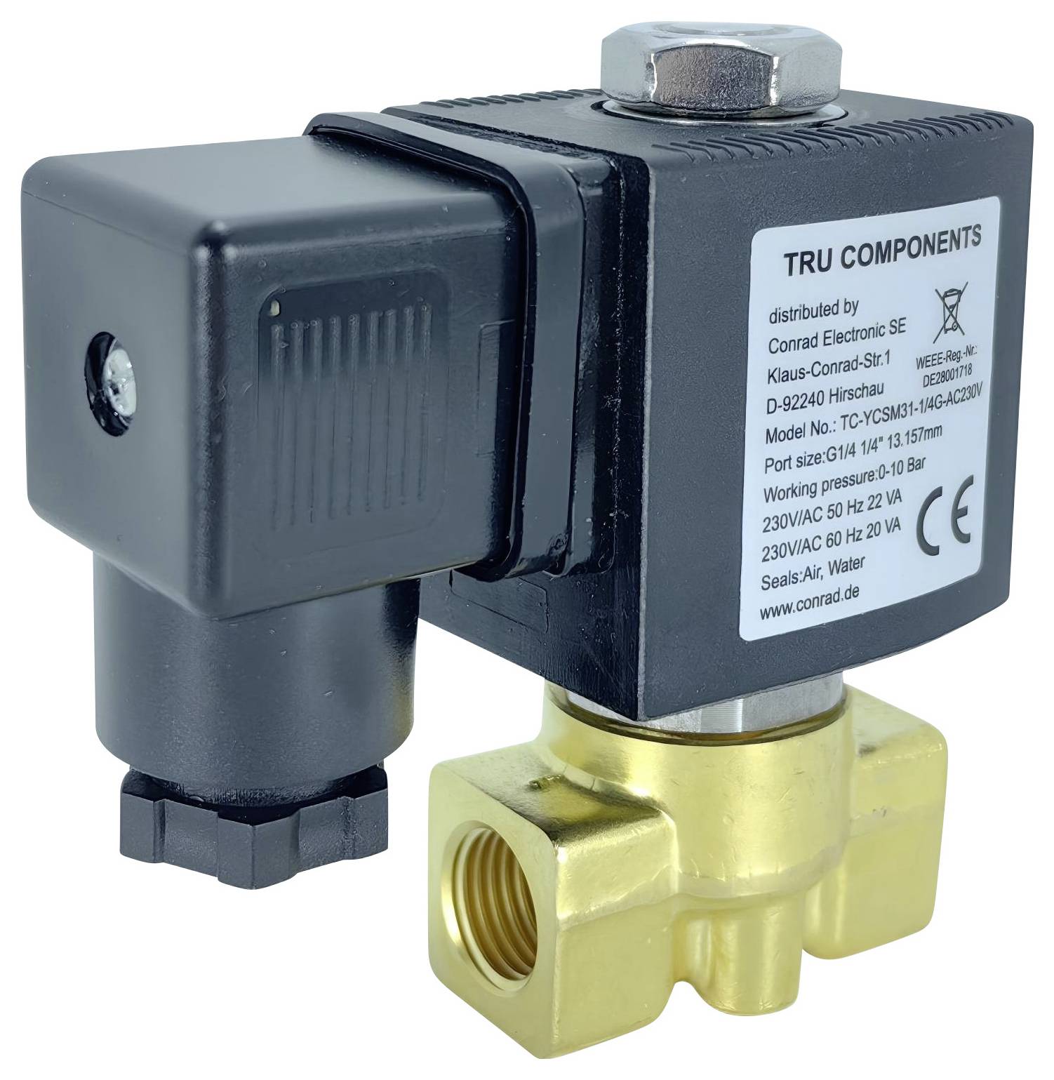Valvola solenoide in ottone e nero etichettata 'TRU COMPONENTS', con più porte, progettata per il controllo dei fluidi, funzionamento a 230V AC 50Hz.