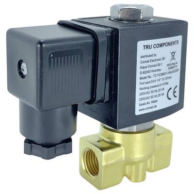 Valvola solenoide in ottone e nero etichettata 'TRU COMPONENTS', con più porte, progettata per il controllo dei fluidi, funzionamento a 230V AC 50Hz.