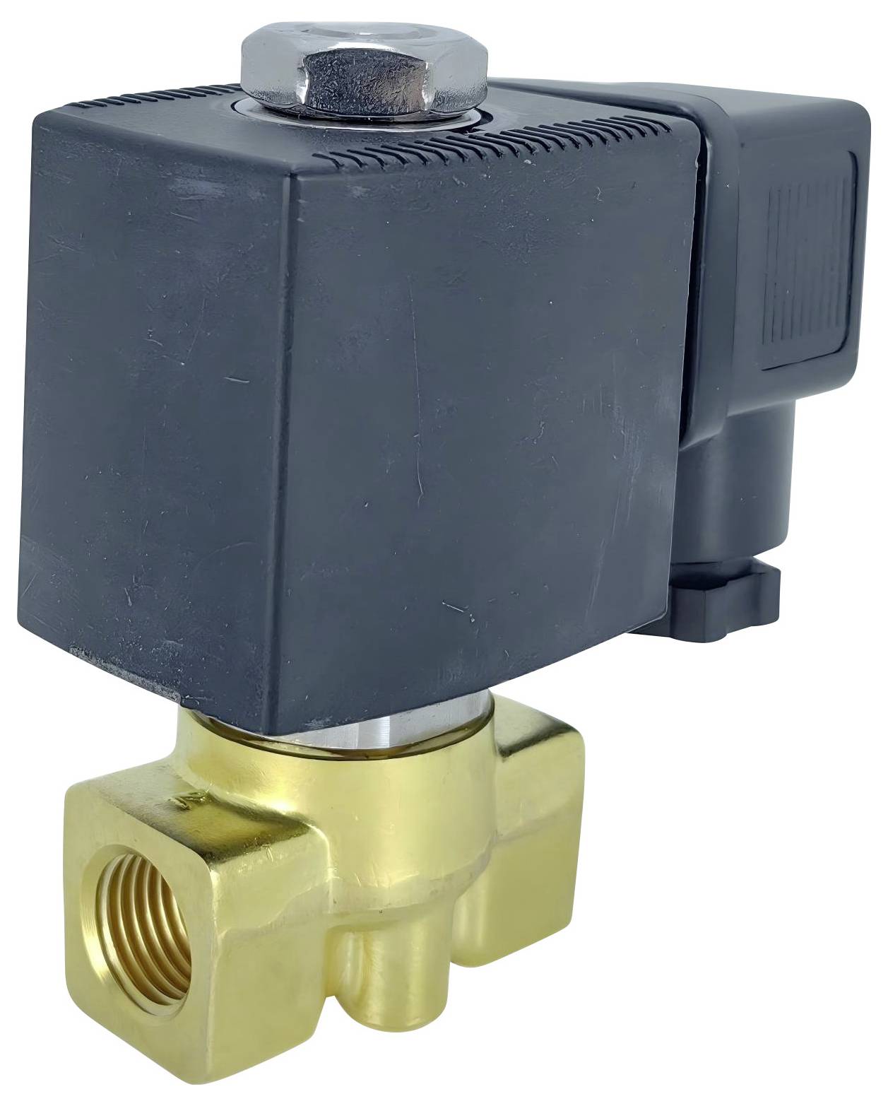 Una valvola solenoide in metallo con coperchio nero in plastica, corpo in ottone e connettore elettrico sul lato, utilizzata per controllare il flusso di fluidi.
