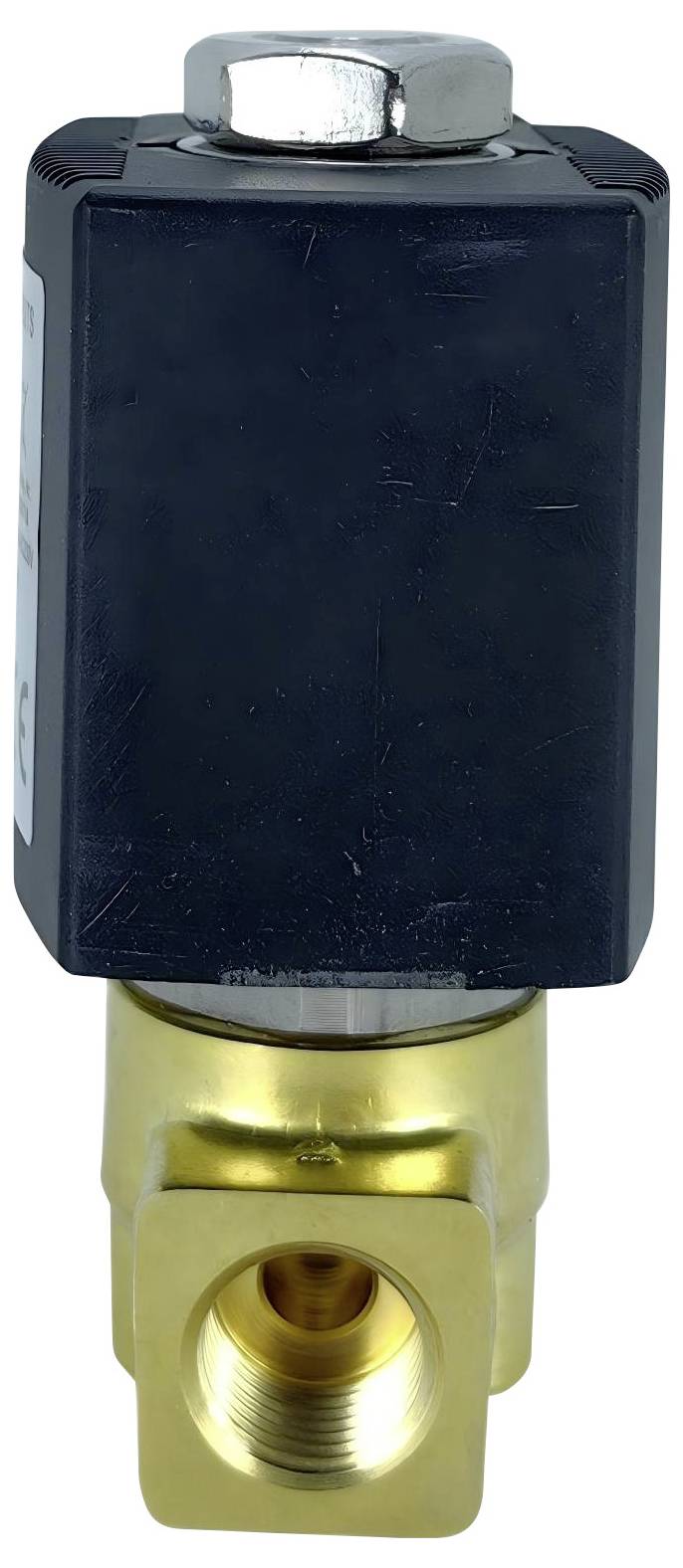 Una valvola solenoide in ottone e nero con ingresso filettato, tipicamente utilizzata per controllare il flusso di fluidi nei sistemi di tubazioni.