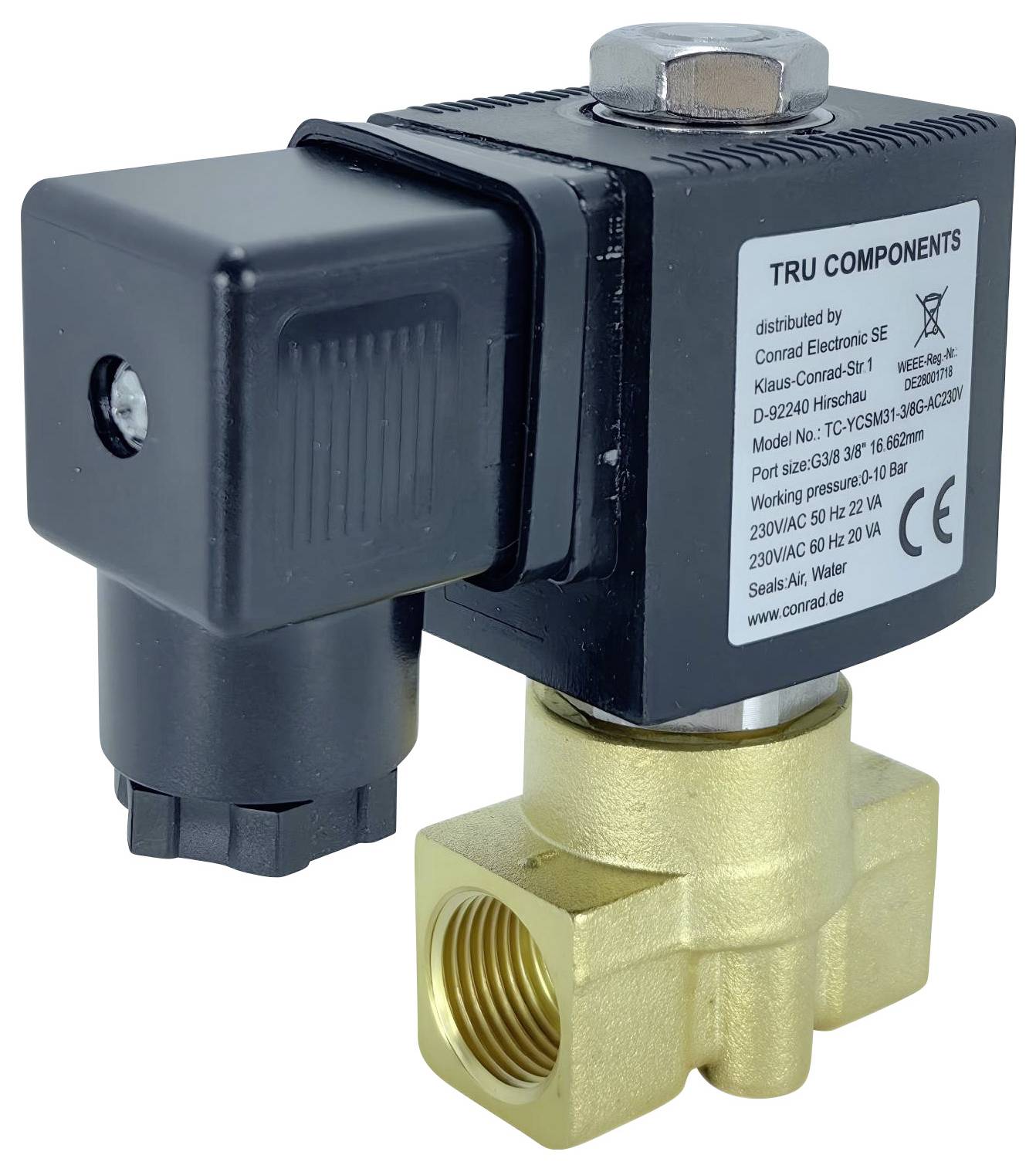 Una valvola solenoide TRU Components in nero e ottone con specifiche e dettagli del modello etichettati sul lato. Adatta per sistemi di controllo dei fluidi.