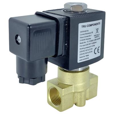 Una valvola solenoide TRU Components in nero e ottone con specifiche e dettagli del modello etichettati sul lato. Adatta per sistemi di controllo dei fluidi.