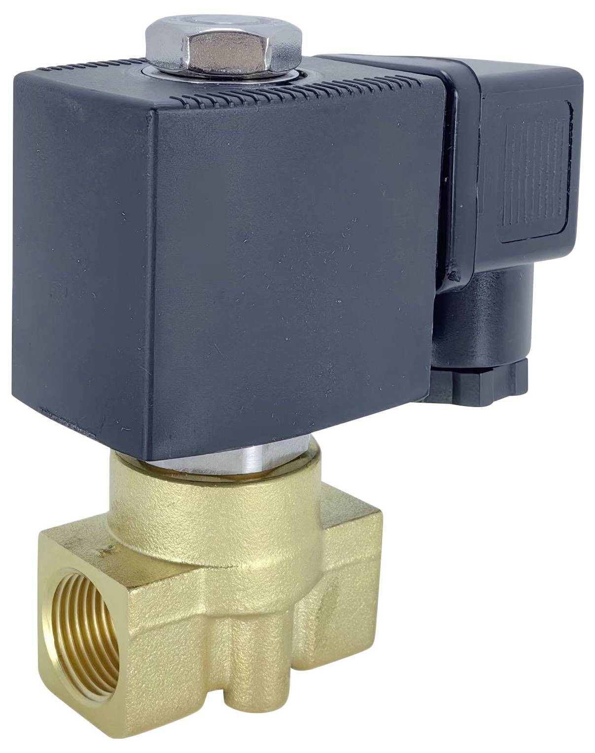 Una valvola solenoide in ottone con un attuatore elettronico nero è utilizzata per controllare il flusso di fluidi, con attacchi filettati alla base.