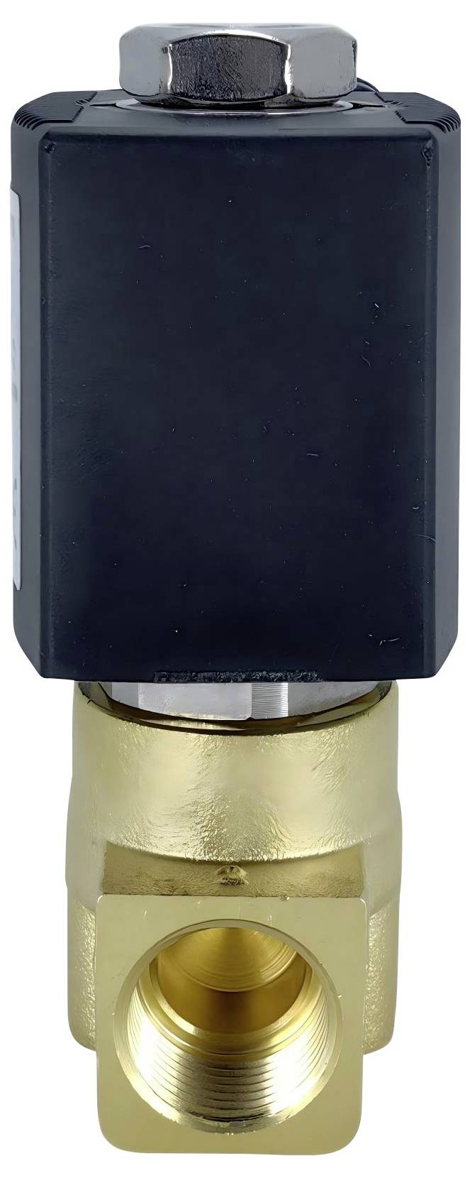 Una valvola solenoide in ottone e nero con attacchi filettati, utilizzata per controllare il flusso di liquidi o gas in impianti idraulici.