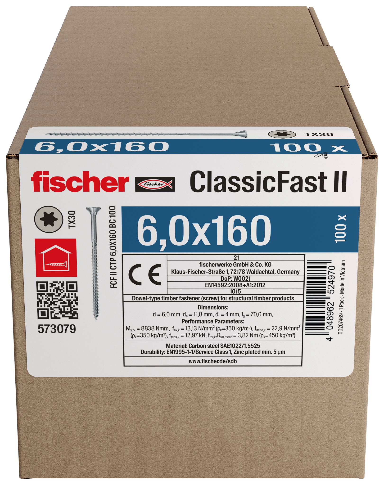 Scatola di cartone di viti fischer ClassicFast II, etichettata 6.0x160, 100 pezzi, con marcature di prodotto e certificazione.