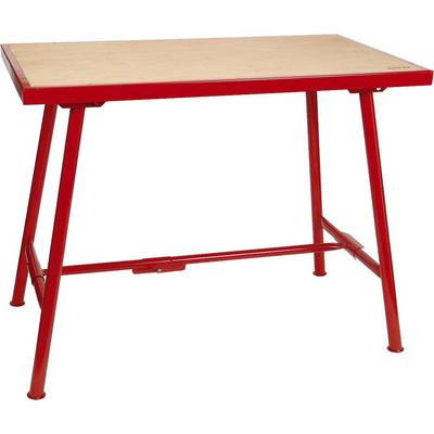 Tavolo da lavoro in metallo rosso con piano in legno chiaro e gambe inclinate, mostrato su uno sfondo bianco neutro.
