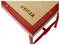 Primo piano di un piano da tavolo in legno con cornice rossa con la parola 'virax' stampata su di esso e parte di una gamba di supporto in metallo visibile.