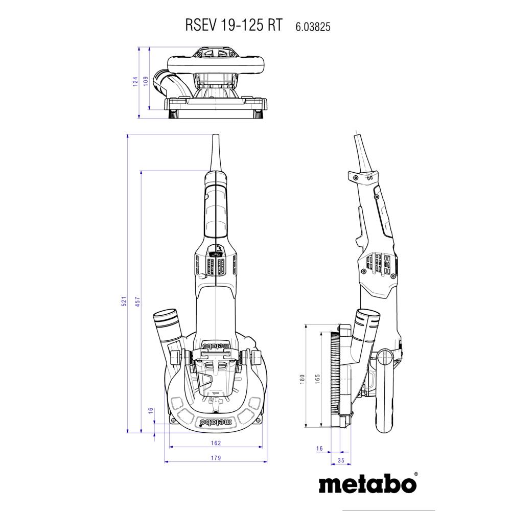 'Metabo RSEV 19-125 RT - Disegno tecnico' mostra le viste frontale, laterale e superiore con dimensioni per un utensile elettrico.
